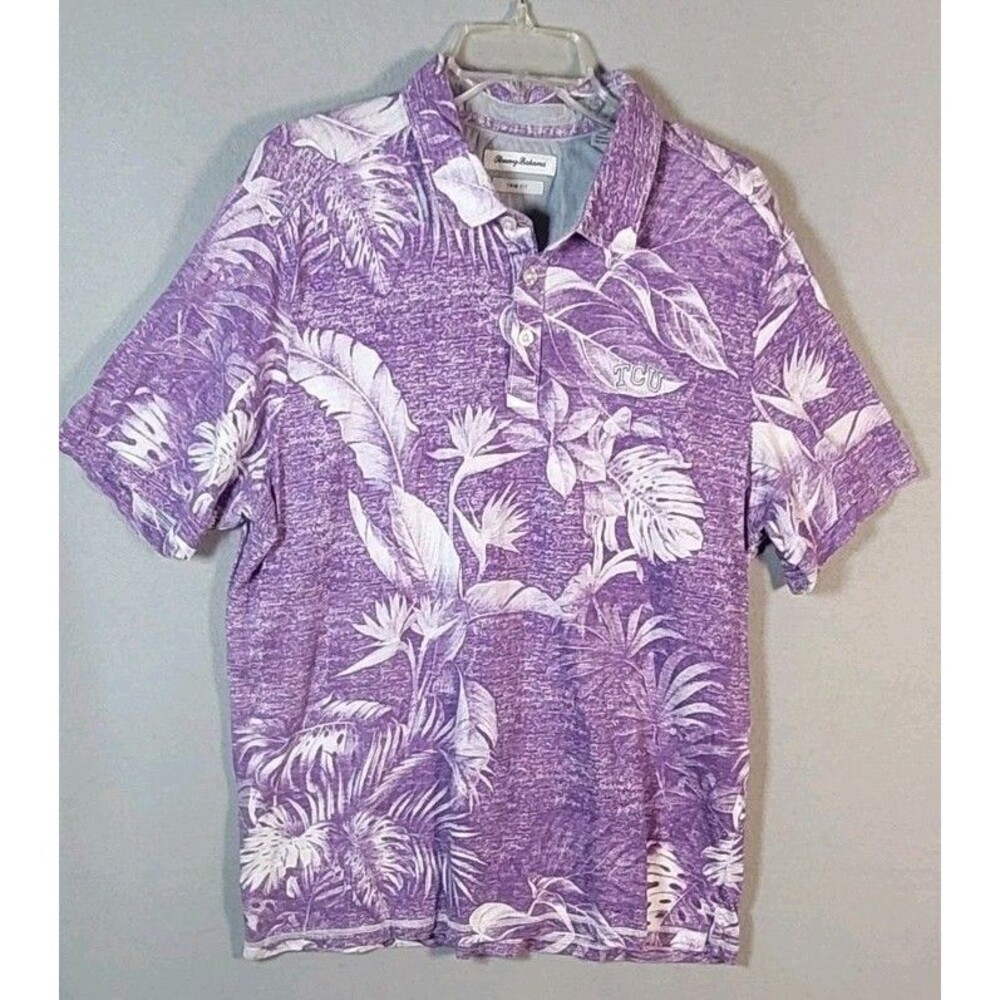 TCU Tommy Bahama Hawaiian Polo Shirt Mens XL Purple Floral Island Trim Fit